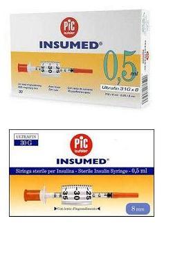 SIRINGA PER INSULINA PIC INSUMED 0,5 ML 100 UI AGO GAUGE 30 LUNGHEZZA 8 MM SENZA SPAZIO MORTO 3 SACCHETTI DA 10 PEZZI - dottorbianchi.it