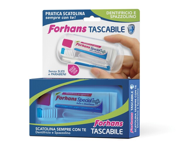 FORHANS TRAVEL KIT TASCABILE COMPOSTO DA SPAZZOLINO DA VIAGGIO + FORHANS SPECIAL PASTA DENTIFRICIA TUBETTO 12,5 ML - dottorbianchi.it
