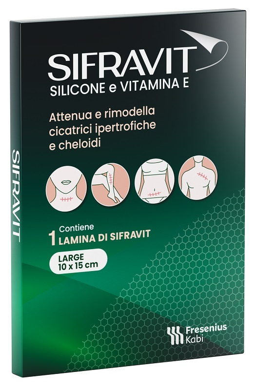 PLACCA IN SILICONE E VITAMINA E SIFRAVIT DIMENSIONI 15X10CM. INDICATA NEL TRATTAMENTO DI CHELOIDI E CICATRICI IPERTROFICHE CONSEGUENTI AD INTERVENTI C HIRURGICI, USTIONI, E FERITE - dottorbianchi.it