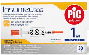 SIRINGA INSULINA PIC INSUMED 1 ML 100 UI AGO GAUGE 30 12,7 MM SENZA SPAZIO MORTO 30 PEZZI - dottorbianchi.it