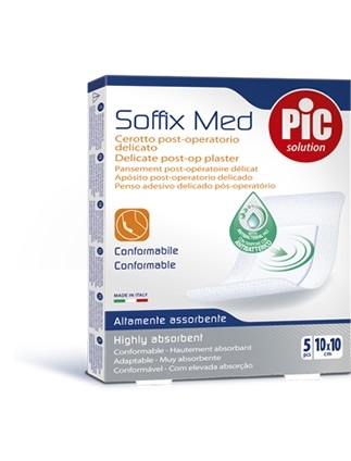 CEROTTO PIC SOFFIX MED IN TNT CON TAMPONE CENTRALE ASSORBENTE STERILE MONOUSO 10X10 CM ANTIBATTERICO 5 PEZZI - dottorbianchi.it