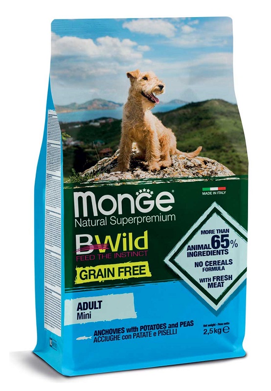 MONGE GRAIN FREE NATURAL SUPERPREMIUM SECCO CANE MINI ACCIUGHE PATATE PISELLI (DAL 15/12) 2,5 KG - dottorbianchi.it