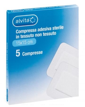 ALVITA GARZA COMPRESSA ADESIVA STERILE IN TESSUTO NON TESSUTO ESTENSIBILE BIANCO 15X15CM 5 PEZZI - dottorbianchi.it