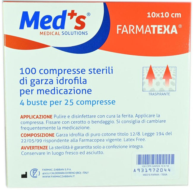 GARZA COMPRESSA IDROFILA MEDS FARMATEXA 2/8 10X10CM 100 PEZZI - dottorbianchi.it
