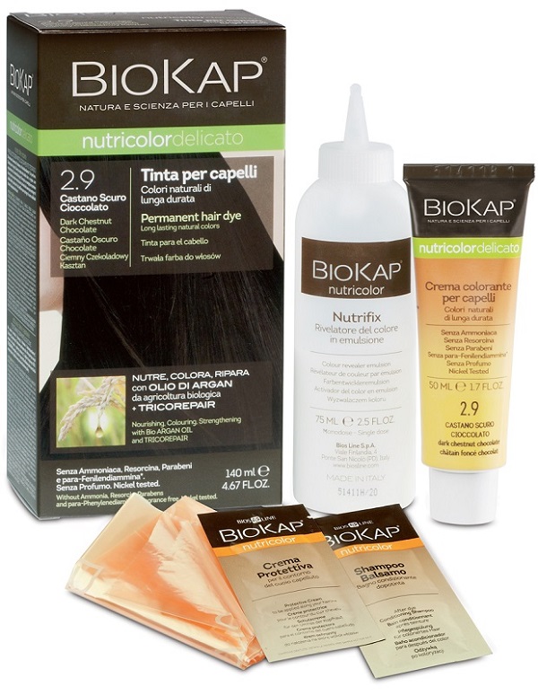 BIOKAP NUTRICOLOR DELICATO 2,9 CASTANO SCURO CIOCCOLATO TINTA TUBO + FLACONE - dottorbianchi.it