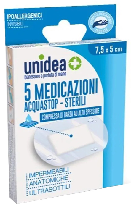 MEDICAZIONE UNIDEA 7,5X 5 CM STERILE IMPERMEABILE 5 PEZZI - dottorbianchi.it