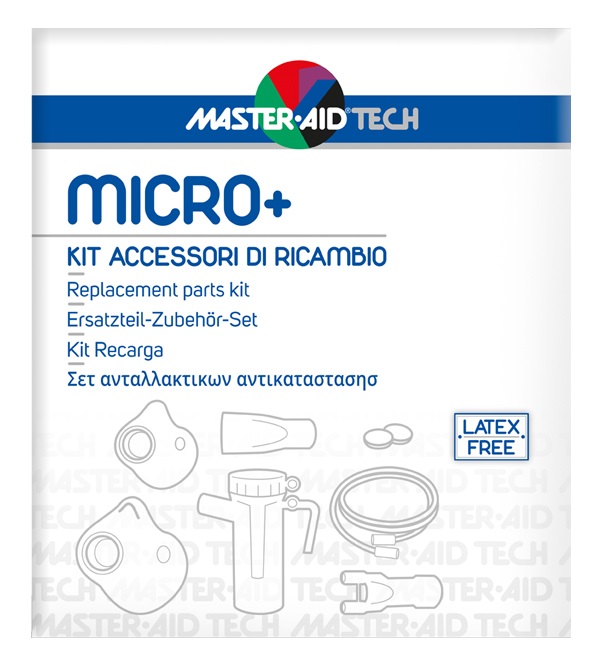 MASTER AID TECH MICRO+ KIT ACCESSORI DI RICAMBIO: AMPOLLA + MASCHERA ADULTI + MASCHERA BAMBINI + 2 FILTRI ARIA + BOCCAGLIO + FORCELLA NASALE + TUBO RACCORDO PVC - dottorbianchi.it
