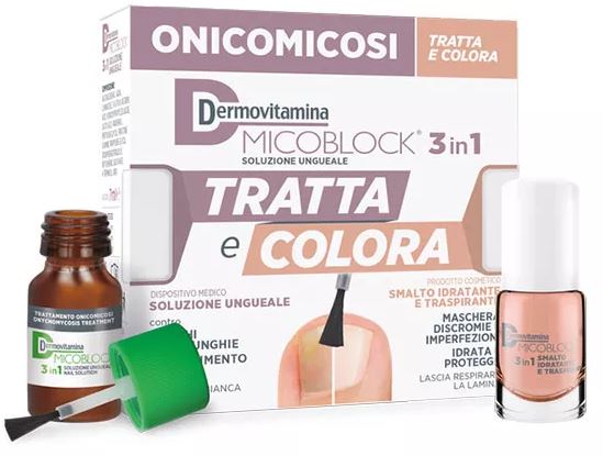 DERMOVITAMINA MICOBLOCK 3 IN 1 TRATTA E COLORA SOLUZIONE UNGUEALE 7 ML + SMALTO IDRATANTE TRASPIRANTE 5 ML - dottorbianchi.it