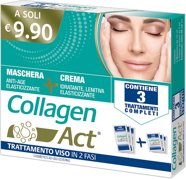 COLLAGEN ACT TRATTAMENTO VISO 2 FASI MASCHERA ANTI AGE ELASTICIZZANTE 3 PEZZI DA 15 ML + CREMA IDRATANTE LENITIVA ELASTICIZZANTE 3 PEZZI DA 5 ML - dottorbianchi.it