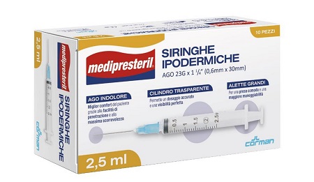 SIRINGA IPODERMICA MEDIPRESTERIL AGO 23 GAUGE 1 1/4 0,6X30MM 2,5 ML 10 PEZZI - dottorbianchi.it