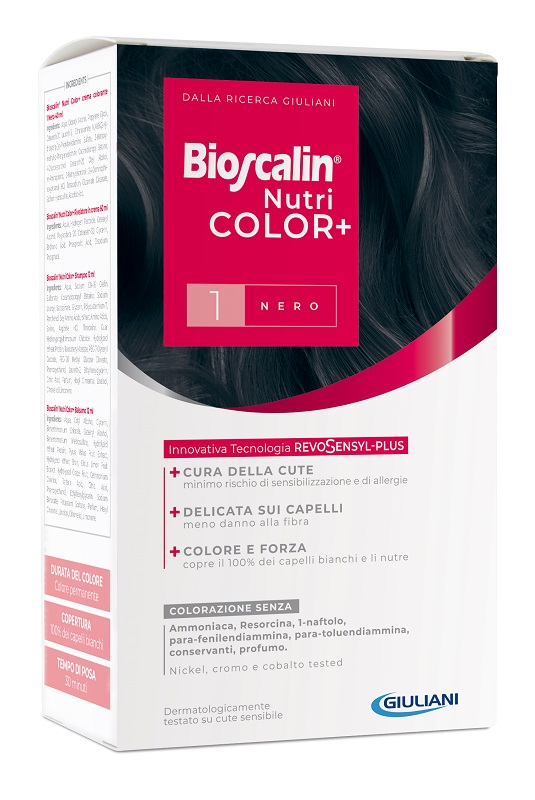 BIOSCALIN NUTRICOLOR PLUS 1 NERO CREMA COLORANTE 40 ML + RIVELATORE CREMA 60 ML + SHAMPOO 12 ML + TRATTAMENTO FINALE BALSAMO 12 ML - dottorbianchi.it