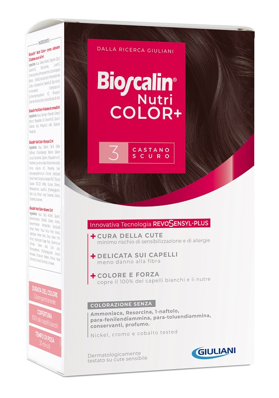 BIOSCALIN NUTRICOLOR PLUS 3 CASTANO SCURO CREMA COLORANTE 40 ML + RIVELATORE CREMA 60 ML + SHAMPOO 12 ML + TRATTAMENTO FINALE BALSAMO 12 ML - dottorbianchi.it