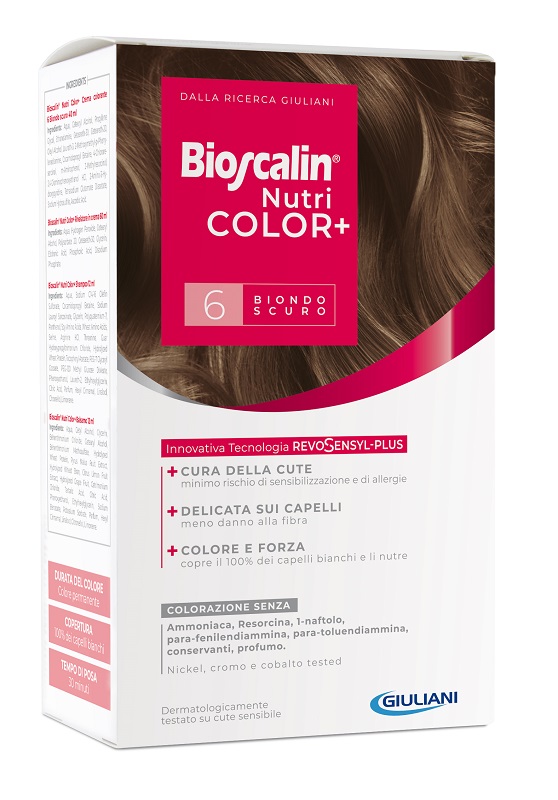 BIOSCALIN NUTRICOLOR PLUS 6 BIONDO SCURO CREMA COLORANTE 40 ML + RIVELATORE CREMA 60 ML + SHAMPOO 12 ML + TRATTAMENTO FINALE BALSAMO 12 ML - dottorbianchi.it