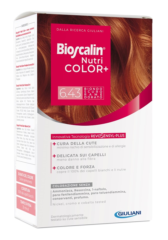 BIOSCALIN NUTRICOLOR PLUS 6,43 BIONDO SCURO RAME DORATO CREMA COLORANTE 40 ML + RIVELATORE CREMA 60 ML + SHAMPOO 12 ML + TRATTAMENTO FINALE BALSAMO 12 ML - dottorbianchi.it