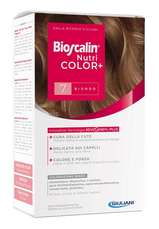 BIOSCALIN NUTRICOLOR PLUS 7 BIONDO CREMA COLORANTE 40 ML + RIVELATORE CREMA 60 ML + SHAMPOO 12 ML + TRATTAMENTO FINALE BALSAMO 12 ML - dottorbianchi.it