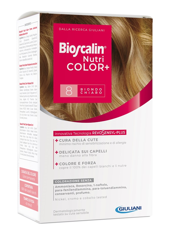 BIOSCALIN NUTRICOLOR PLUS 8 BIONDO CHIARO CREMA COLORANTE 40 ML + RIVELATORE CREMA 60 ML + SHAMPOO 12 ML + TRATTAMENTO FINALE BALSAMO 12 ML - dottorbianchi.it