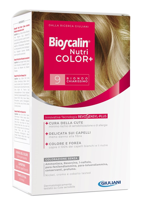 BIOSCALIN NUTRICOLOR PLUS 9 BIONDO CHIARISSIMO CREMA COLORANTE 40 ML + RIVELATORE CREMA 60 ML + SHAMPOO 12 ML + TRATTAMENTO FINALE BALSAMO 12 ML - dottorbianchi.it