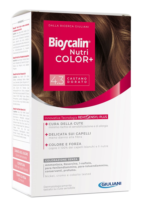 BIOSCALIN NUTRICOLOR PLUS 4,3 CASTANO DORATO CREMA COLORANTE 40 ML + RIVELATORE CREMA 60 ML + SHAMPOO 12 ML + TRATTAMENTO FINALE BALSAMO 12 ML - dottorbianchi.it