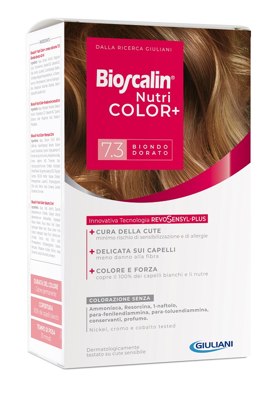 BIOSCALIN NUTRICOLOR PLUS 7,3 BIONDO DORATO CREMA COLORANTE 40 ML + RIVELATORE CREMA 60 ML + SHAMPOO 12 ML + TRATTAMENTO FINALE BALSAMO 12 ML - dottorbianchi.it