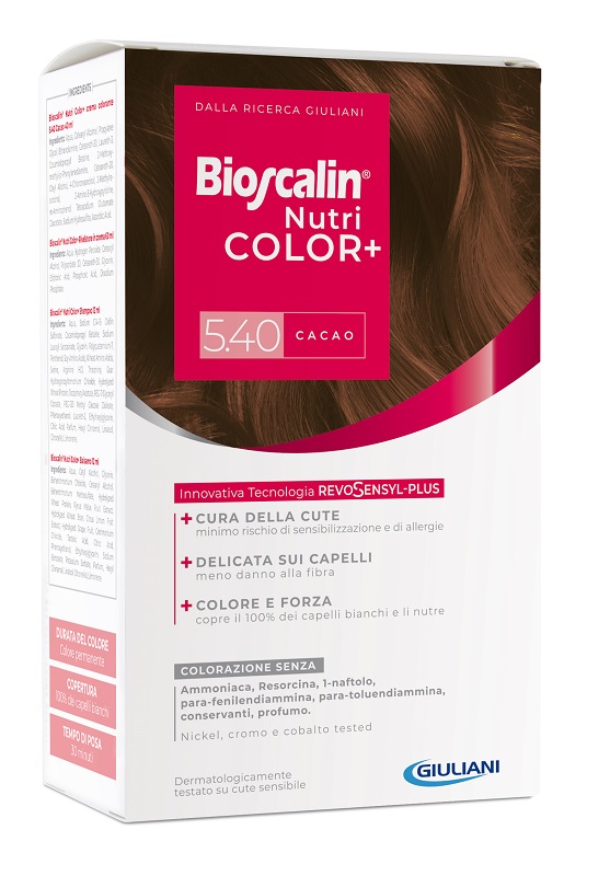 BIOSCALIN NUTRICOLOR PLUS 5,40 CACAO CREMA COLORANTE 40 ML + RIVELATORE CREMA 60 ML + SHAMPOO 12 ML + TRATTAMENTO FINALE BALSAMO 12 ML - dottorbianchi.it