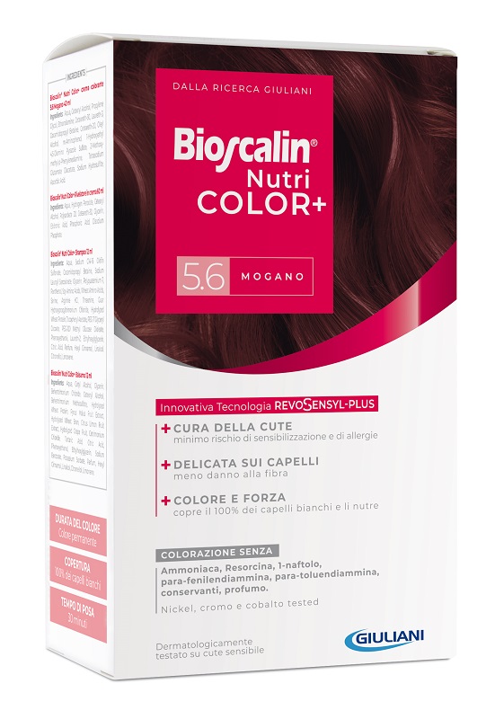 BIOSCALIN NUTRICOLOR PLUS 5,6 MOGANO CREMA COLORANTE 40 ML + RIVELATORE CREMA 60 ML + SHAMPOO 12 ML + TRATTAMENTO FINALE BALSAMO 12 ML - dottorbianchi.it