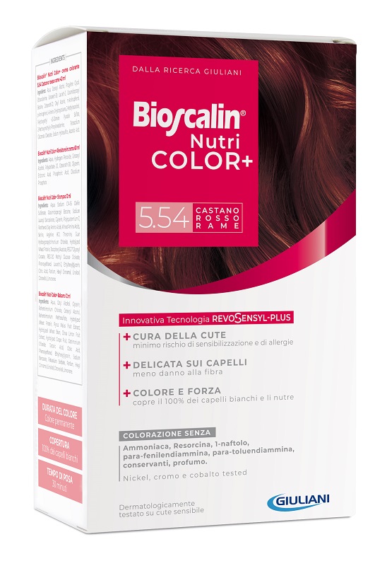 BIOSCALIN NUTRICOLOR PLUS 5,54 CASTANO ROSSO RAME CREMA COLORANTE 40 ML + RIVELATORE CREMA 60 ML + SHAMPOO 12 ML + TRATTAMENTO FINALE BALSAMO 12 ML - dottorbianchi.it