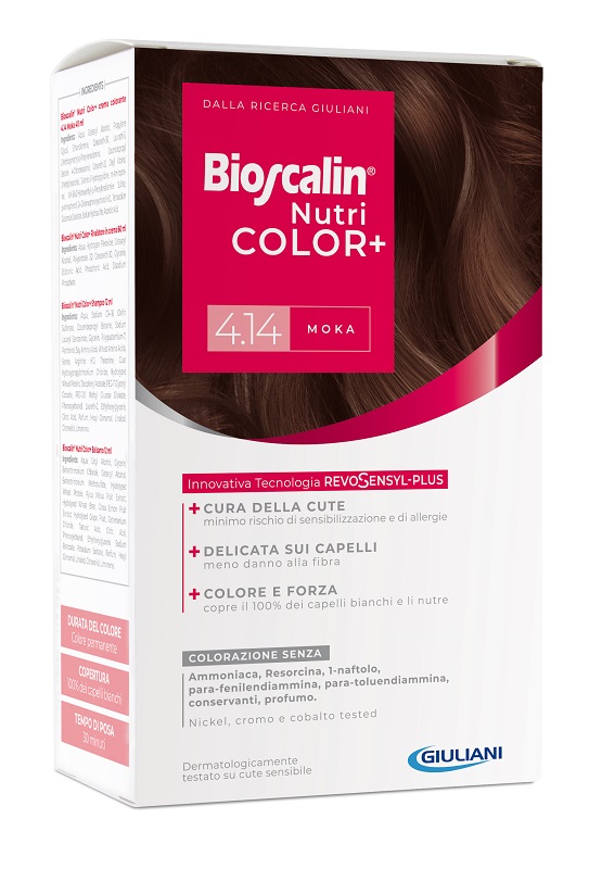 BIOSCALIN NUTRICOLOR PLUS 4,14 MOKA CREMA COLORANTE 40 ML + RIVELATORE CREMA 60 ML + SHAMPOO 12 ML + TRATTAMENTO FINALE BALSAMO 12 ML - dottorbianchi.it