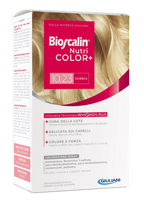 BIOSCALIN NUTRICOLOR PLUS 10,23 SABBIA CREMA COLORANTE 40 ML + RIVELATORE CREMA 60 ML + SHAMPOO 12 ML + TRATTAMENTO FINALE BALSAMO 12 ML - dottorbianchi.it