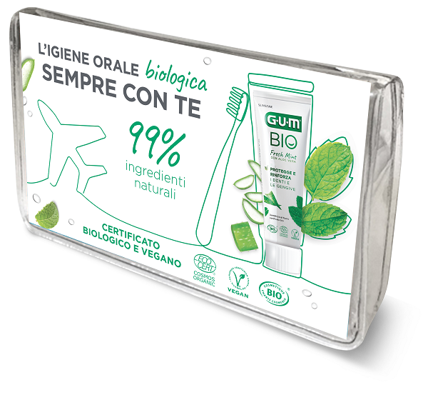 GUM TRAVEL KIT BIO 1 SPAZZOLINO + 1 DENTIFRICIO +  1 SCOVOLINO INTERDENTALE - dottorbianchi.it