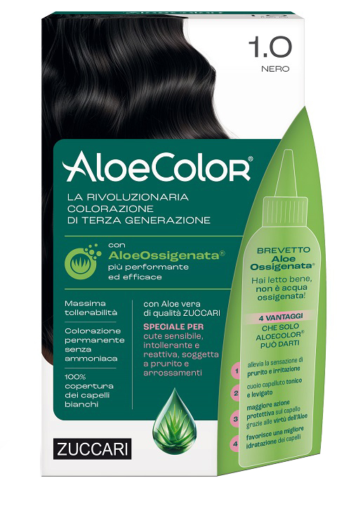 ALOECOLOR 1,0 NERO TINTA PERMANENTE CAPELLI COLORE AD ALTA PIGMENTAZIONE 50 ML + RIVELATORE ALOEOSSIGENATA 75 ML + SHAMPOO ALOECARE 15 ML + GUANTI - dottorbianchi.it
